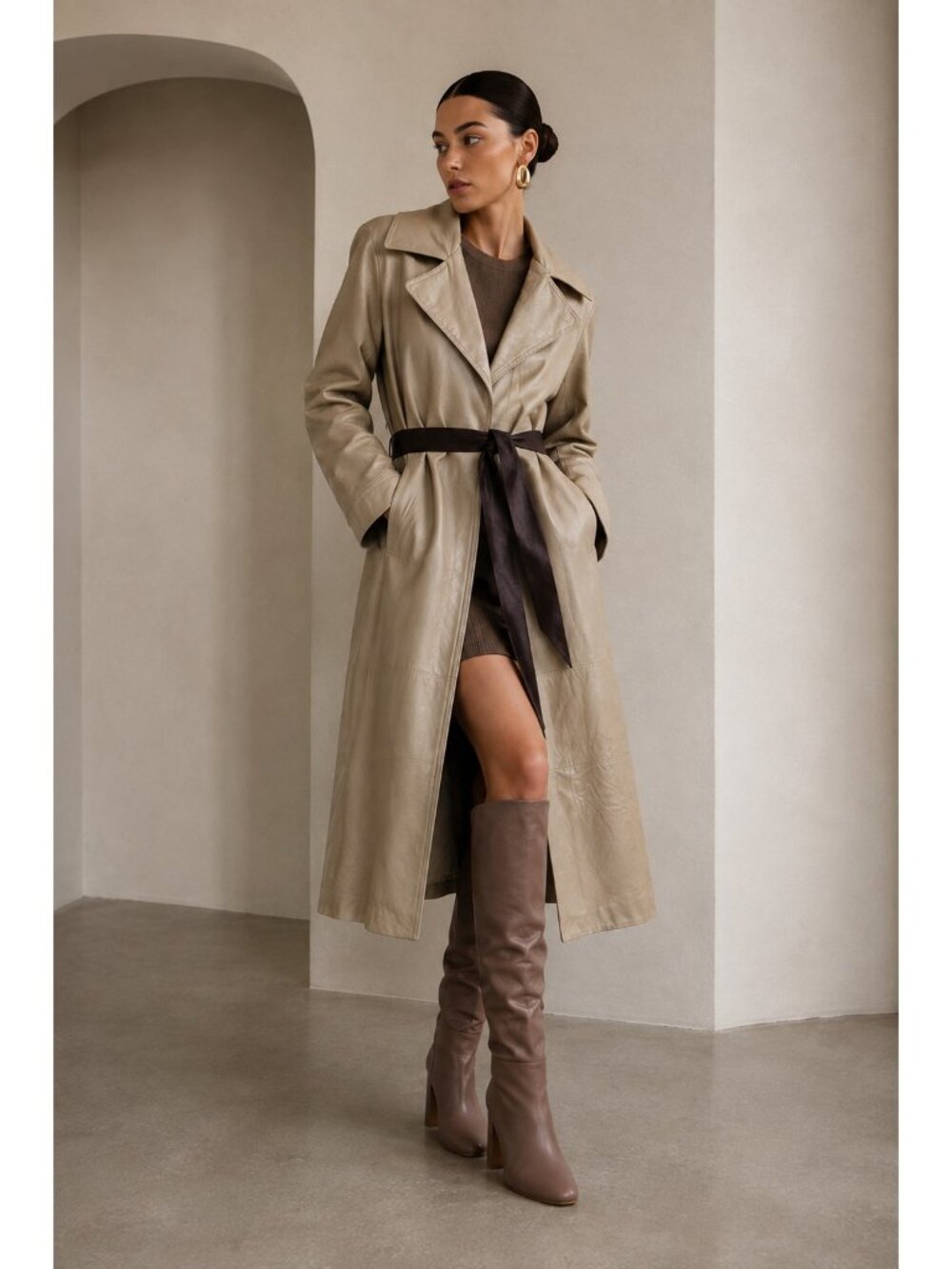 Vintage Nobbson Fort Wayne Soft Genuine Leather Long Belted Coat Beige S/M